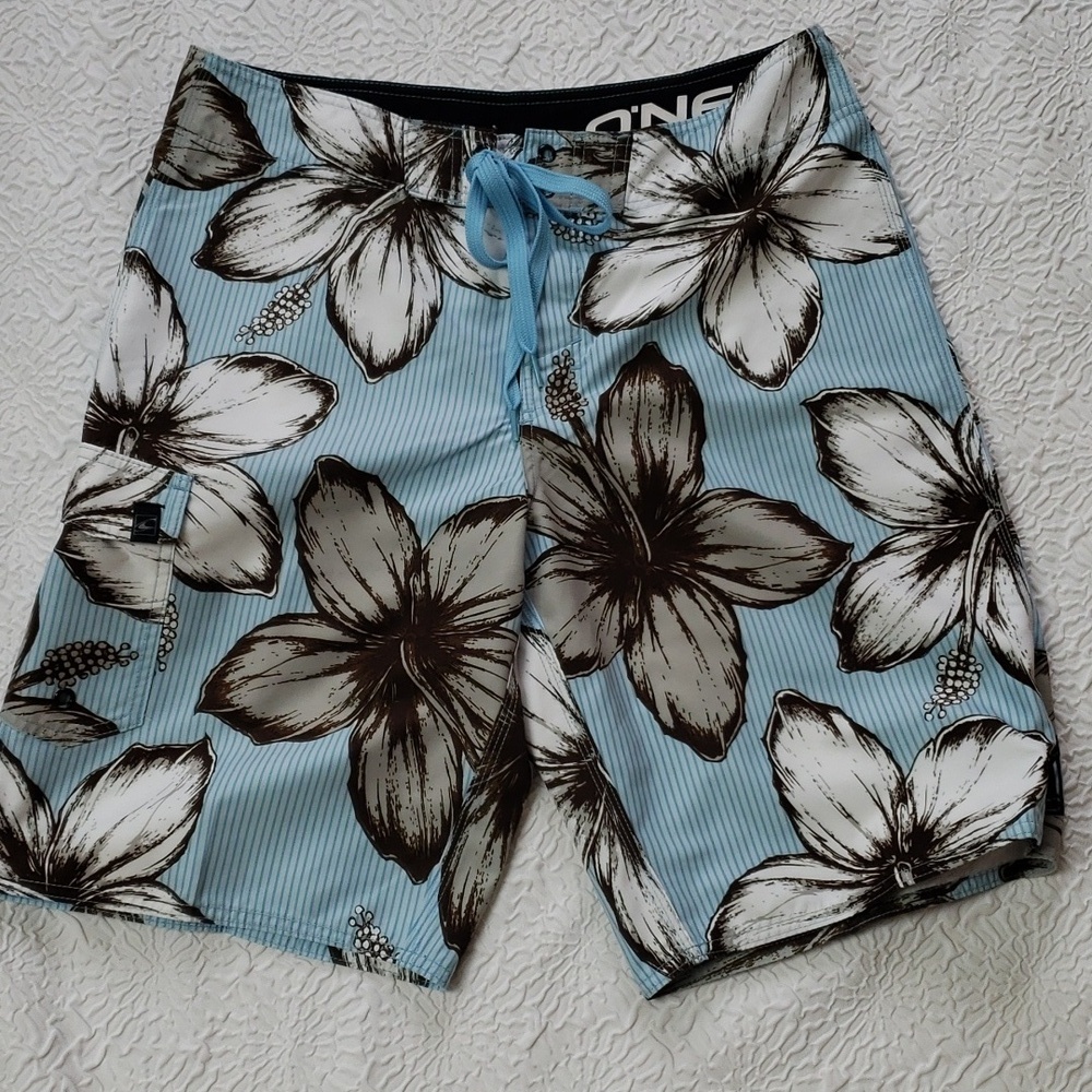 O' Neil Mens Board Shorts Sz 32 Blue White Brown Tropical Hibiscus Floral